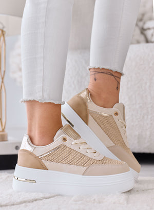 SONIA - Sneakers fango con inserti in tessuto laminato oro