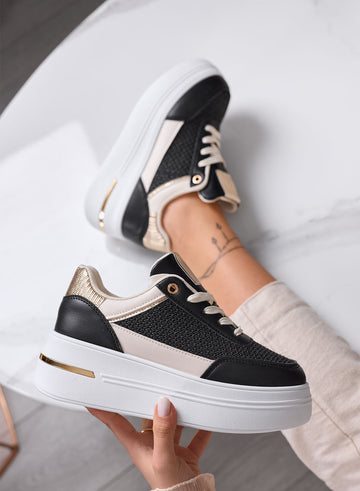 SONIA - Sneakers nere con inserti in tessuto e dettagli oro