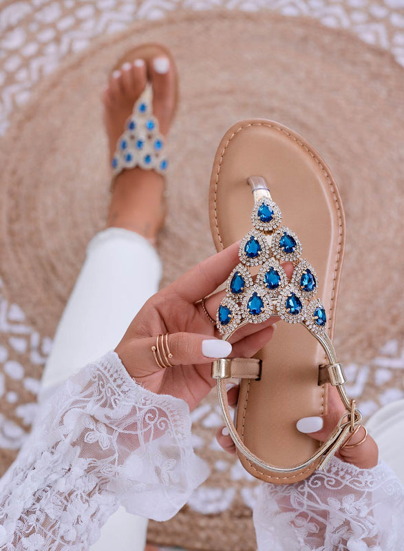 STEVEN - Tongs bijou doré et pierres bleues