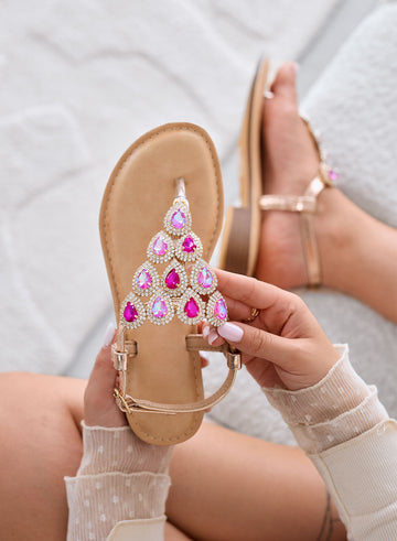 STEVEN - Sandali oro rosa gioiello con pietre fuxia a goccia
