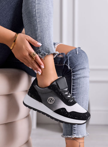 TINA - Gray and Black Platform Sneakers with Rhinestones