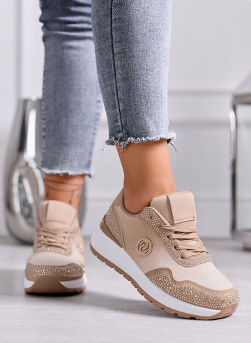 TINA - Taupe and beige platform sneakers with rhinestones