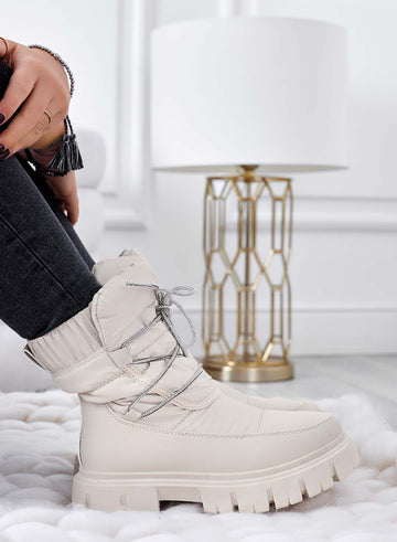 TINA - Bottines matelassées beiges à lacets strass