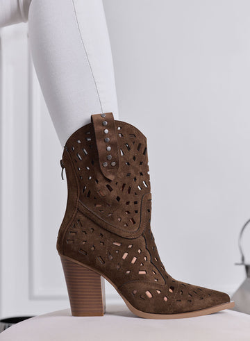 TIZIANA - Brown Perforated Texan Ankle Boots with Heel