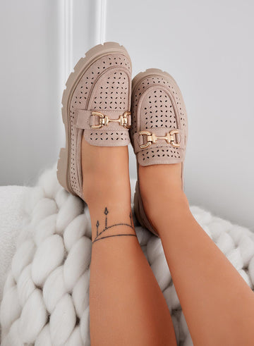 TOKYO - Mocassins perforés couleur boue avec boucle dorée