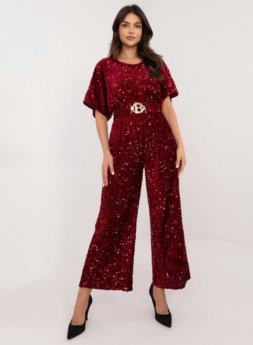 Combi-pantalon bordeaux en sequins avec ceinture à la taille