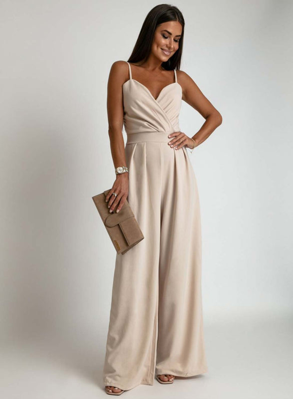 Beige long jumpsuit with suspenders