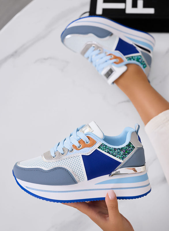 VALDA - Baskets bleues à semelle épaisse et inserts pailletés