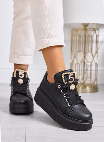 VALENTINA - Black platform sneakers with number 5 and pearl detail