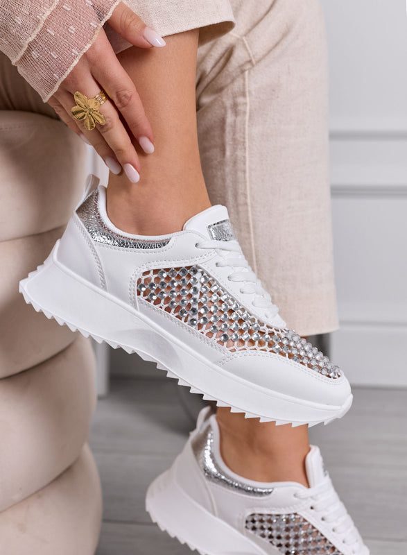 VANESSA - White Perforated Sneakers with Rhinestones and Silver Inserts