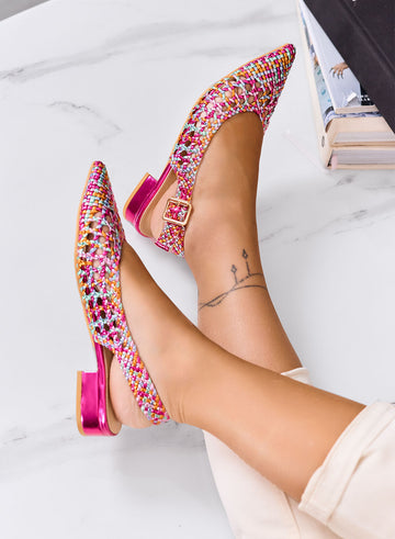 VILDAN - Bailarinas slingback multicolor trenzadas con tacón bajo fucsia