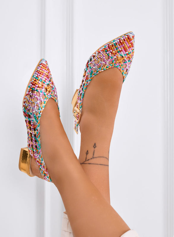 VILDAN - Ballerines slingback multicolores tressées avec petit talon doré
