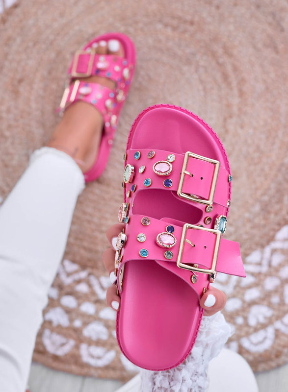 VIXIE - Chaussons sandales fuchsia avec pierres