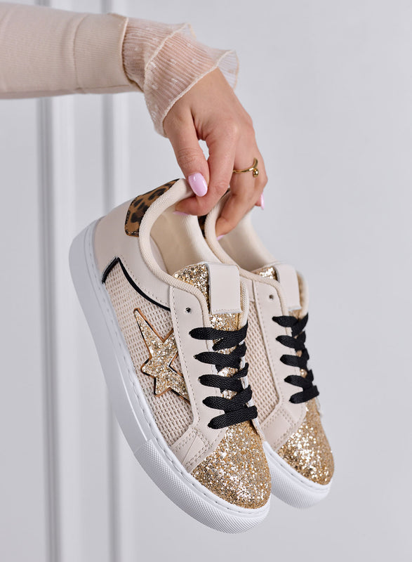 ANNALISA - Zapatillas bajas beige con purpurina dorada y parte trasera animal print