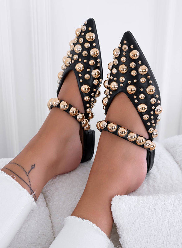 WILDA - Ballerines mules noires à bout pointu et studs boules