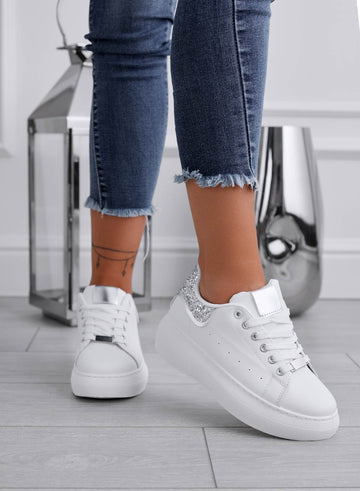 ZORA - Baskets blanches avec talon pailleté argent