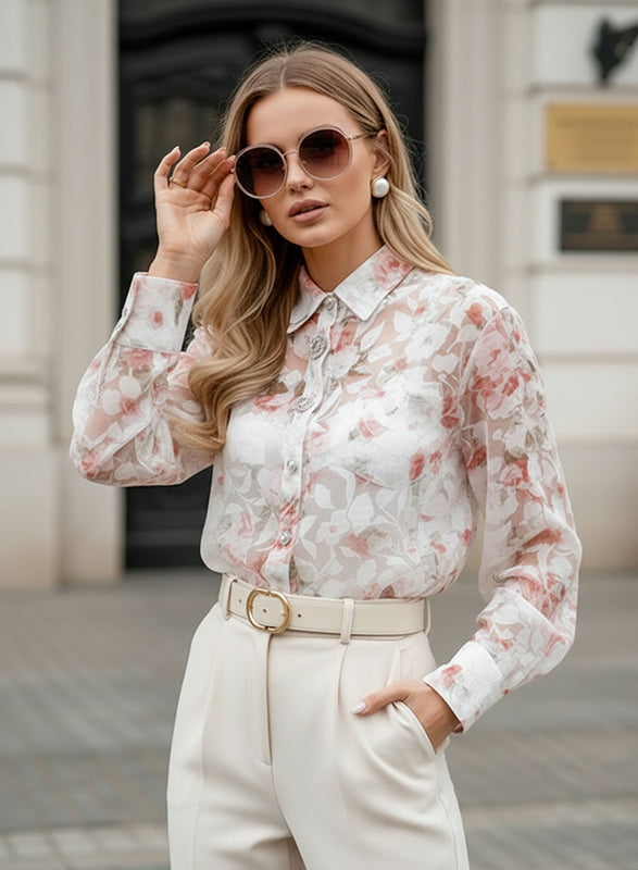 Camisa de Mujer de Organza Floral con Botones Joya