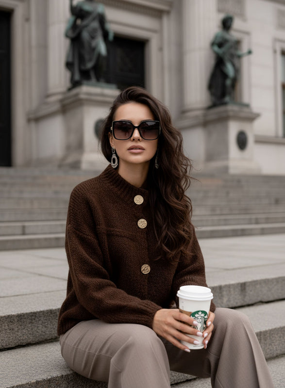 Veste cardigan marron avec boutons dorés