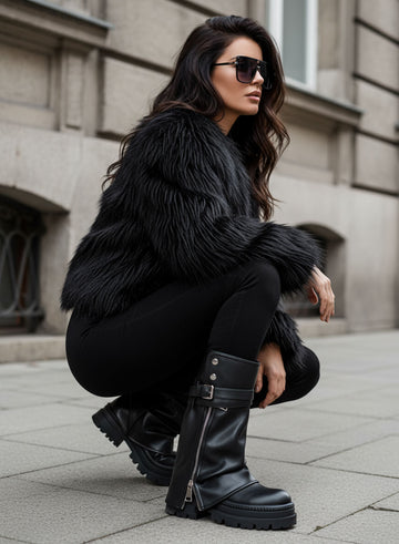 VALERY - Botas biker negras con cremallera y hebillas, suela plataforma tipo tractor