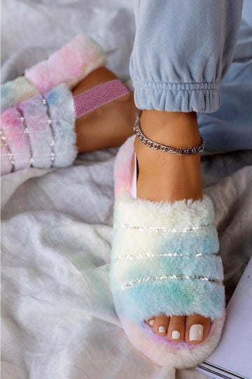 LEYLA - Chaussons arc-en-ciel en fausse fourrure avec strass et élastique