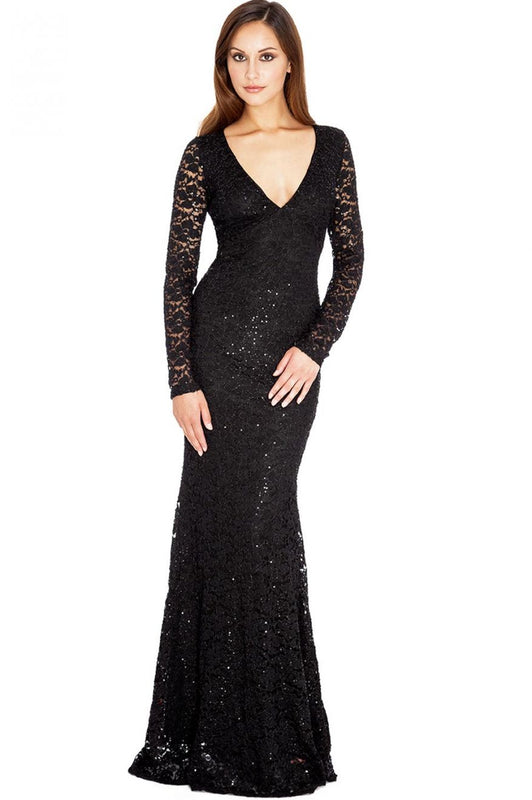 Robe longue en dentelle et paillettes avec dos décolleté - Noir