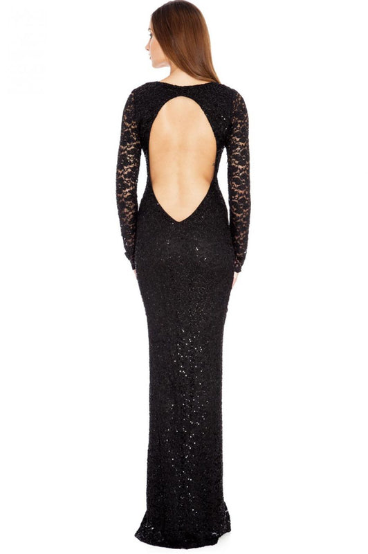 Robe longue en dentelle et paillettes avec dos décolleté - Noir