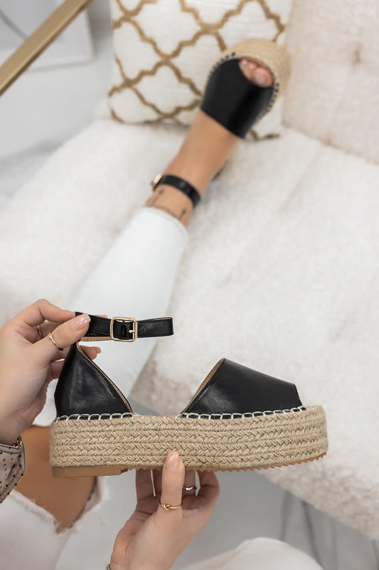 Black espadrille wedge sandals with ankle strap