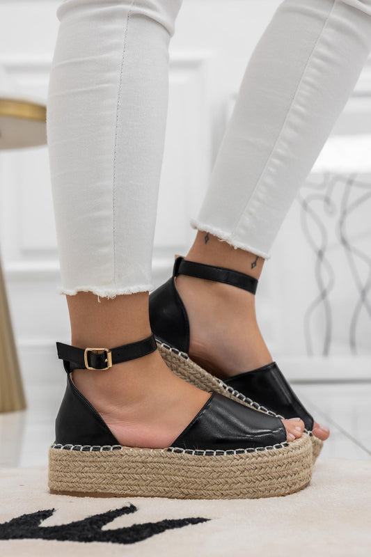 Black espadrille wedge sandals with ankle strap