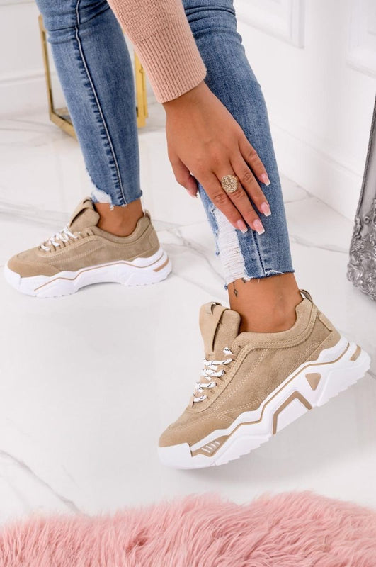 Beige suede sneakers with thick sole and laces
