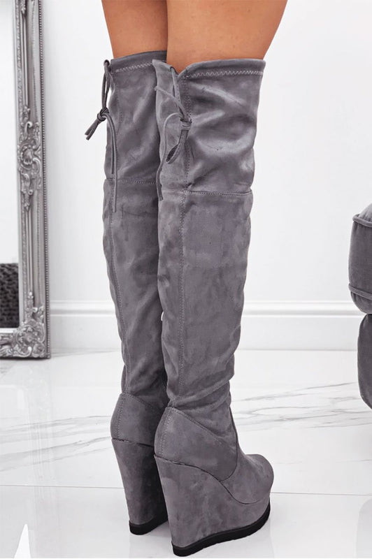 Cuissardes grises en daim avec semelle compensée