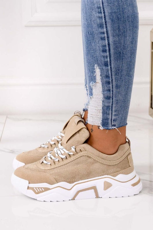 Beige suede sneakers with thick sole and laces