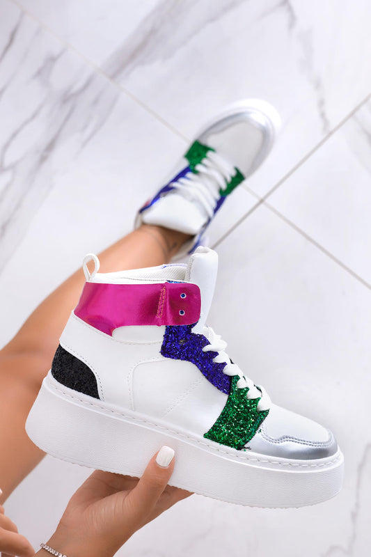 White sneakers with multicolor glitter inserts