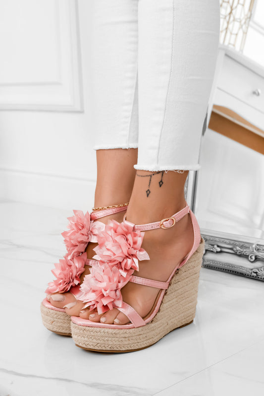 Sandali espadrilles rosa in raso con fiore applicato