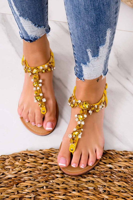 NATALIA - Flat jeweled thong sandals with yellow stones