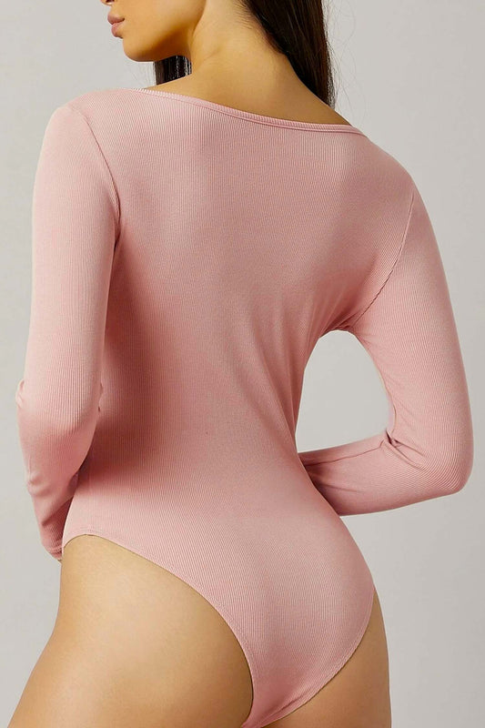 Body rose à manches longues côtelé