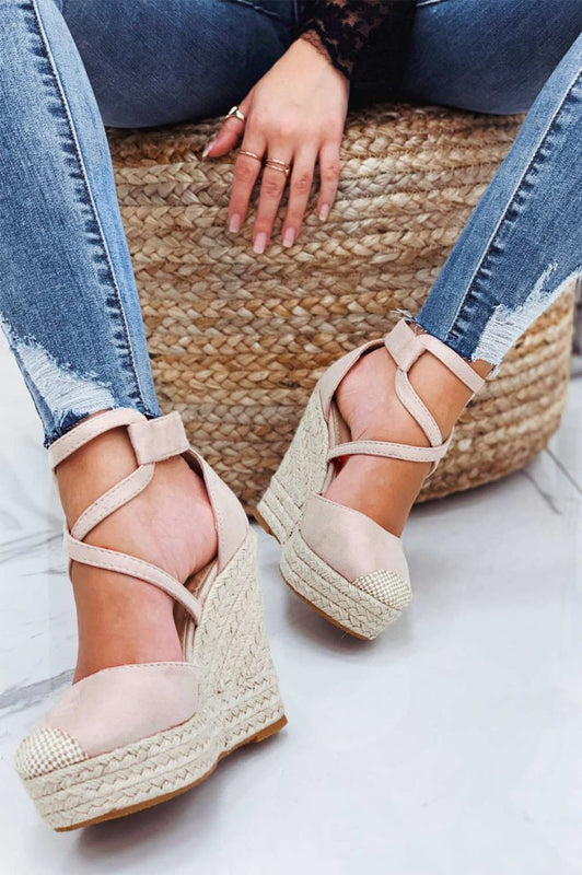 Espadrilles nude à semelle compensée et brides croisées