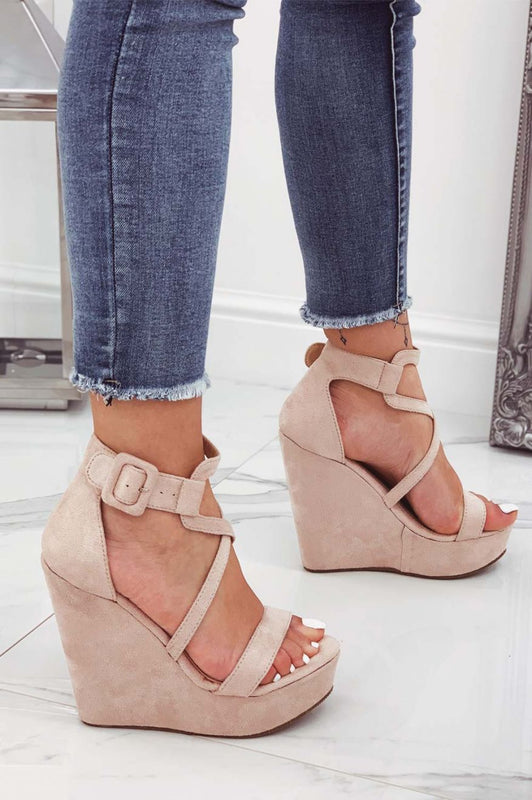 Sandali nude scamosciati con zeppa