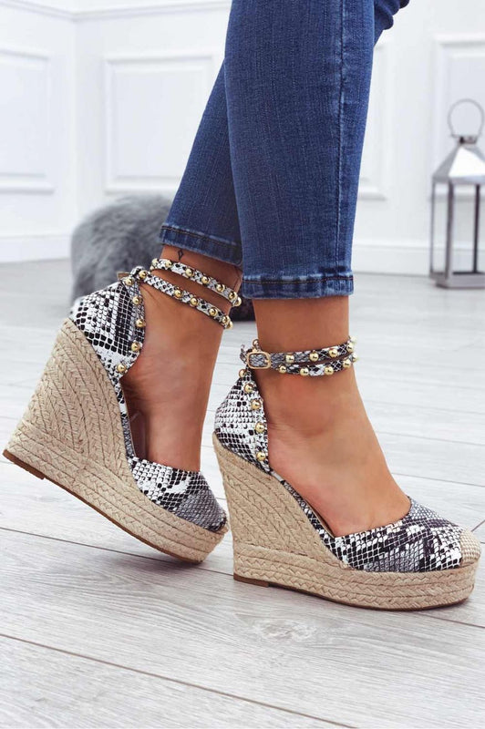 Espadrilles python métallisées à talon compensé haut et clous dorés