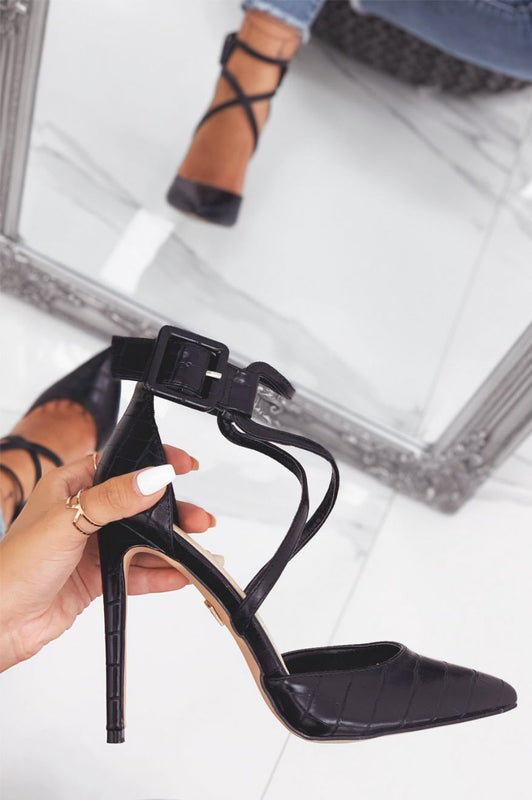 Escarpins noirs effet crocodile à talons hauts