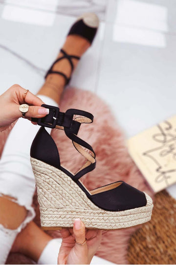 Espadrilles noires en similicuir avec semelle compensée et brides croisées