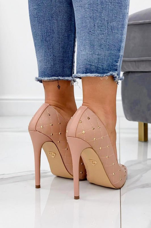 LOVELY - Escarpins roses matelassés avec clous dorés