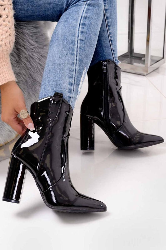 Black patent leather camperos ankle boots