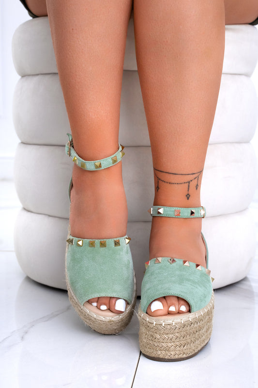 Green espadrilles with strap and gold studs