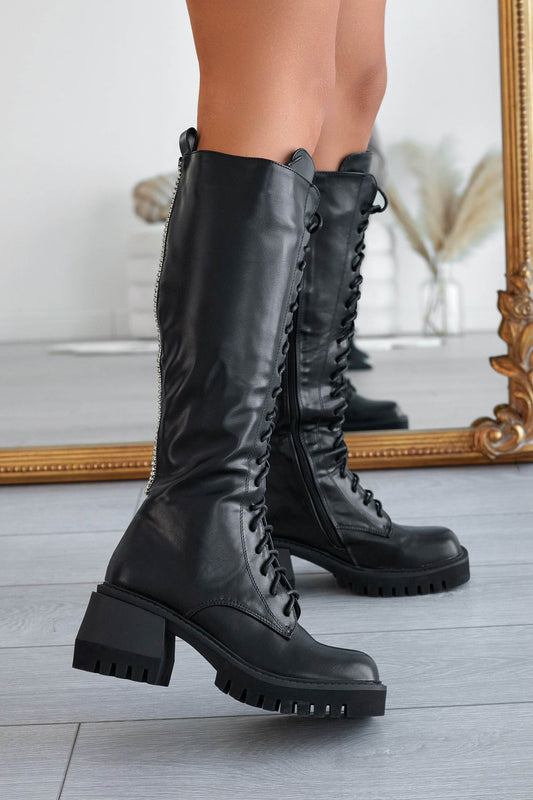 Bottes de combat Alexoo noires avec lacets et strass à l'arrière