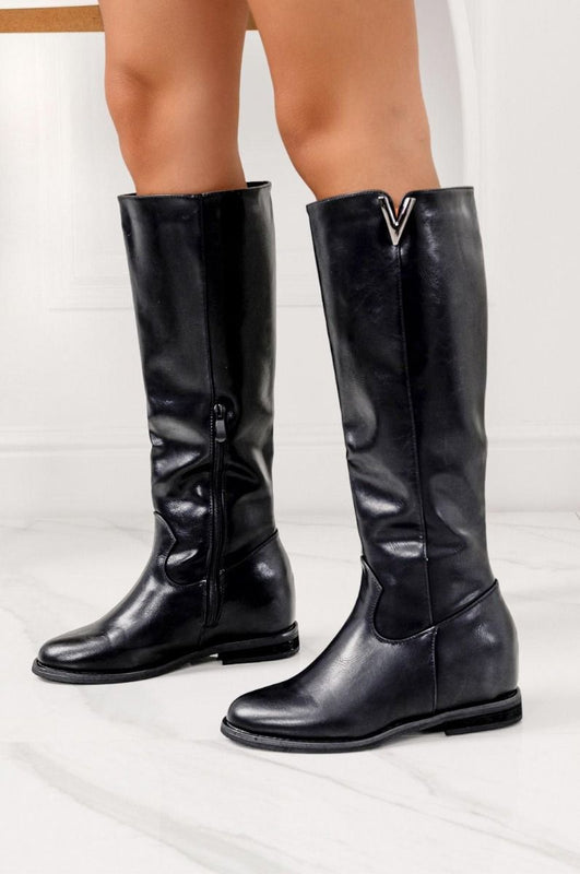 Black mid-calf boots with internal wedge