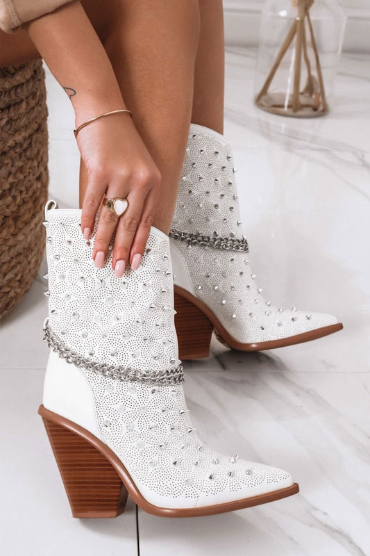Bottines blanches camperos avec strass et chaîne