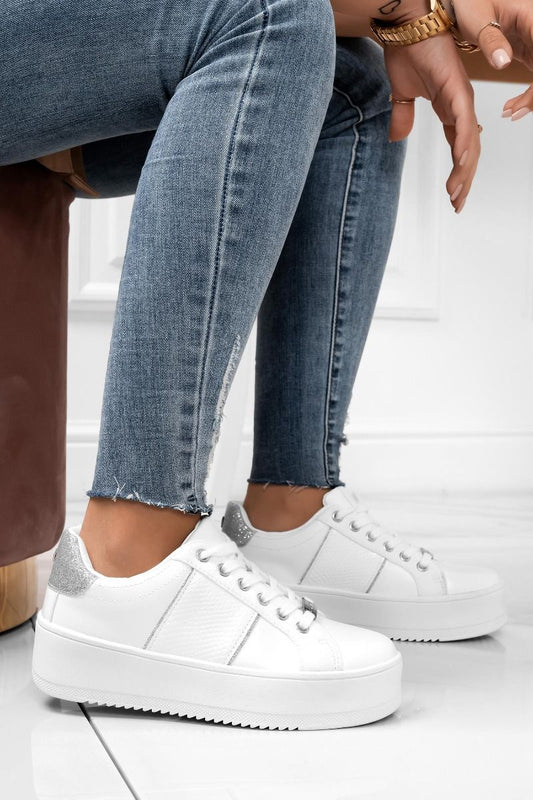 MORENA - Baskets blanches avec empiècements pailletés argentés