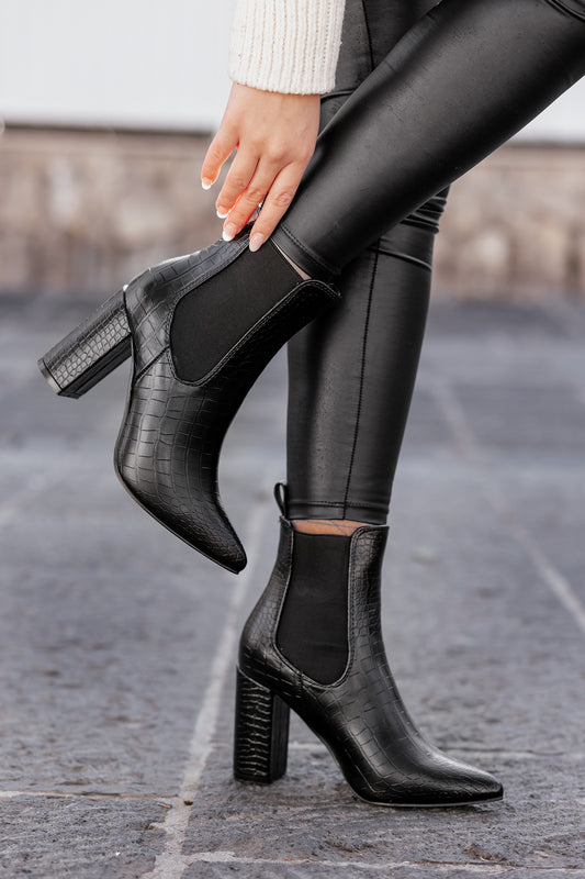 Black Alexoo ankle boots with crocodile effect and side elastic