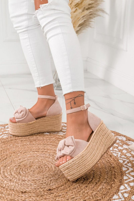 Sandales espadrilles à talon compensé haut et nœud nude