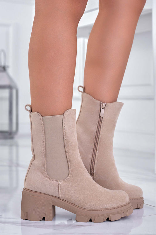 Beige suede ankle boots with side elastic